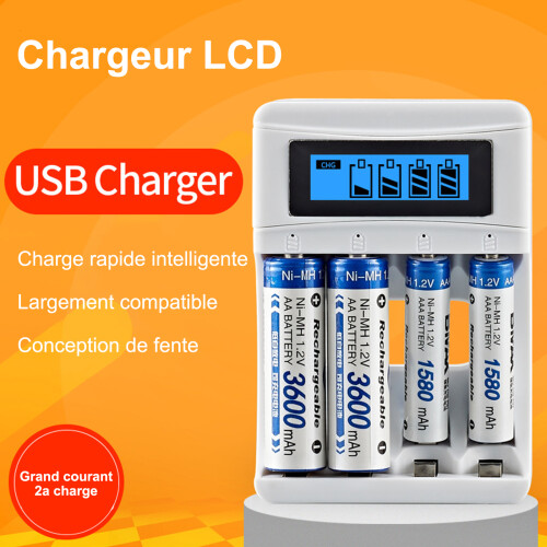 4 Slots LCD Battery Charger for AA AAA Ni-MH USB 2A Fast Charging