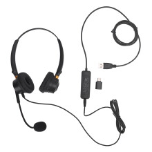 USB Dual Ear Headset Noise Cancelling Volume Adjustable Black