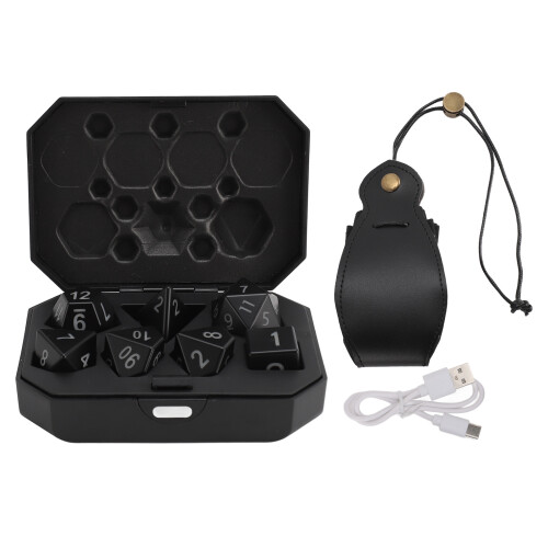 (Black Storage Bag) 7PCS Rechargeable LED Polyhedral Dice Set with Charging Case Black Bag