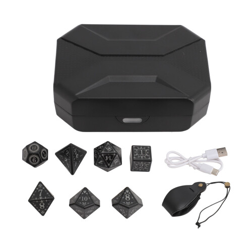 (Yellow Storage Bag) 7pcs LED Light Up Polyhedral Dice Set with Charging Case Black Bag