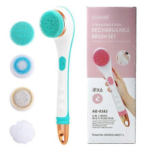 Electric Body Brush, Rechargeable Electric Body Scrubber with Long Handle, Waterproof Facial Body Exfoliating Brush Kit with 4 Brush Heads for Cleansi