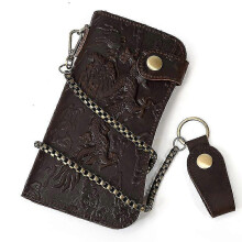 (dragon dark brown) Men's Genuine Leather Long Wallet Chain Wallet, Engraved Bifold Wallet