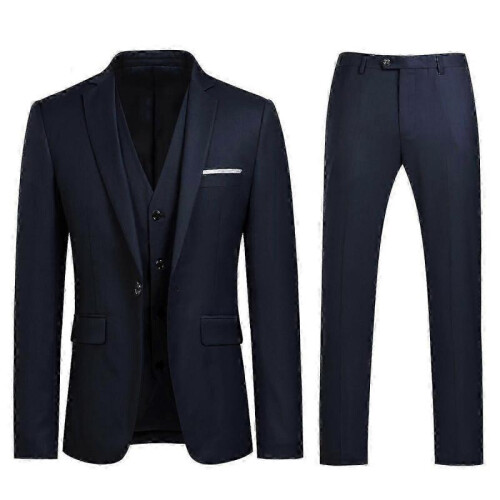 (Dark blue, S) Men's 3 Pieces -button Fit Suit Sets