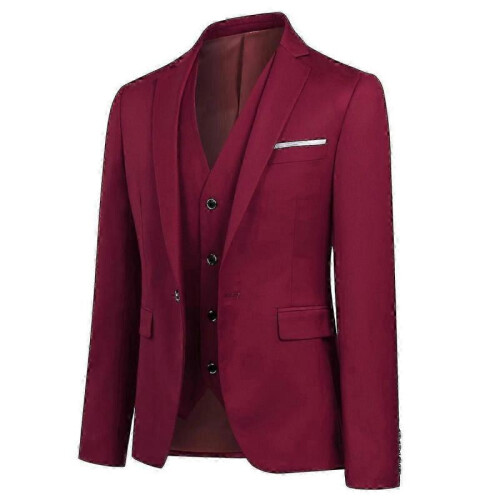 (Wine red, XS) Men's 3 Pieces -button Fit Suit Sets 1
