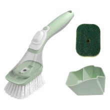 (Green) Cleaning brush set with long handle - press-out, kitchen helper with brush head and pan cleaner.