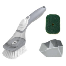 (Gray) Cleaning brush set with long handle - press-out, kitchen helper with brush head and pan cleaner.