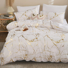 Microfiber Duvet Cover Single/King - 3D Lips Marble Geometric Print White Gold Blue, Zippered Duvet Cover & Pillowcase