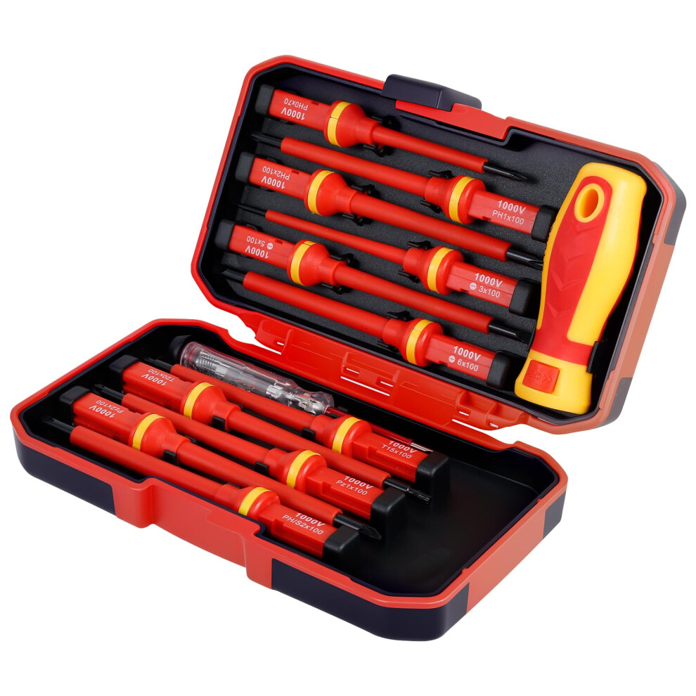 1000V Insulated Electrician's Screwdriver Set, 13-Piece Phillips Set, One-Piece Plum Blade, Premium Professional 9354506225100