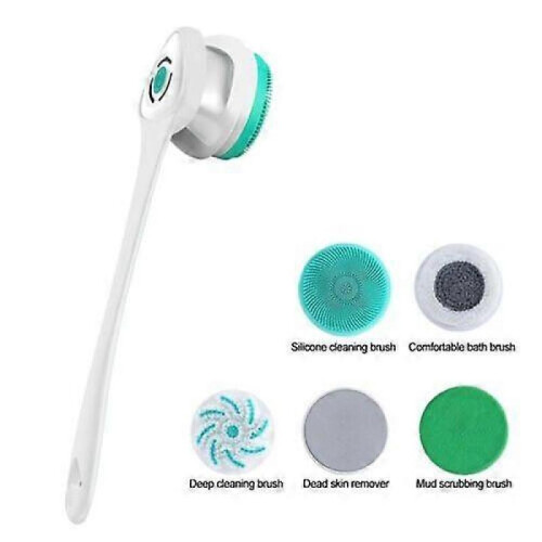 (White) Electric Rechargeable Body Brush Long Handle Bath Shower Back Scrubber