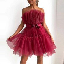 (S, Light coral) Women Tulle Dress Sleeveless Short Dress Solid Mesh Princess Steapless Party Dress-MXBC