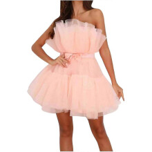 (XL, Pink) Women Tulle Dress Sleeveless Short Dress Solid Mesh Princess Steapless Party Dress-MXBC