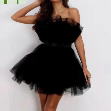 (XL, Black) Women Tulle Dress Sleeveless Short Dress Solid Mesh Princess Steapless Party Dress-MXBC