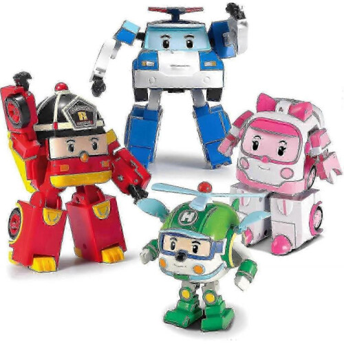 SBSG Robocar Poli 4 Pack Poli + Amber + Roy + Helly Transforming Robot Toys, 4" Transformable Action