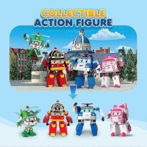 SBSG Robocar Poli 4 Pack Poli + Amber + Roy + Helly Transforming Robot Toys, 4" Transformable Action 1
