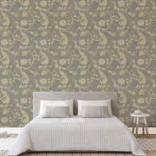 Charcoal Gold Floral Wallpaper Birds Metallic Textured Vinyl