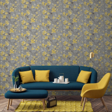 Charcoal Ochre Floral Wallpaper Gold Metallic Textured Vinyl