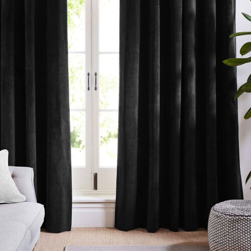 (Black Velvet) 90" width 90" drop - Velvet Curtains Ring top Eyelet Ready Made Lined Pair Panel Crushed 2