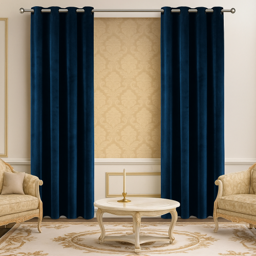 (Navy Velvet) 90" width 90" drop - Velvet Curtains Ring top Eyelet Ready Made Lined Pair Panel Crushed