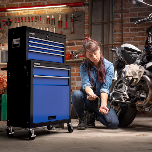 AREBOS AREBOS 9-Drawer Combo Tool Cabinet Garage Tool Chest with Wheels Workshop Tool Storage Lockable Black-Blue 1