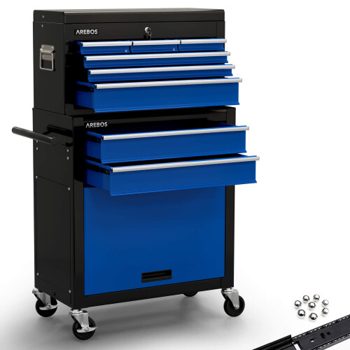AREBOS AREBOS 9-Drawer Combo Tool Cabinet Garage Tool Chest with Wheels Workshop Tool Storage Lockable Black-Blue