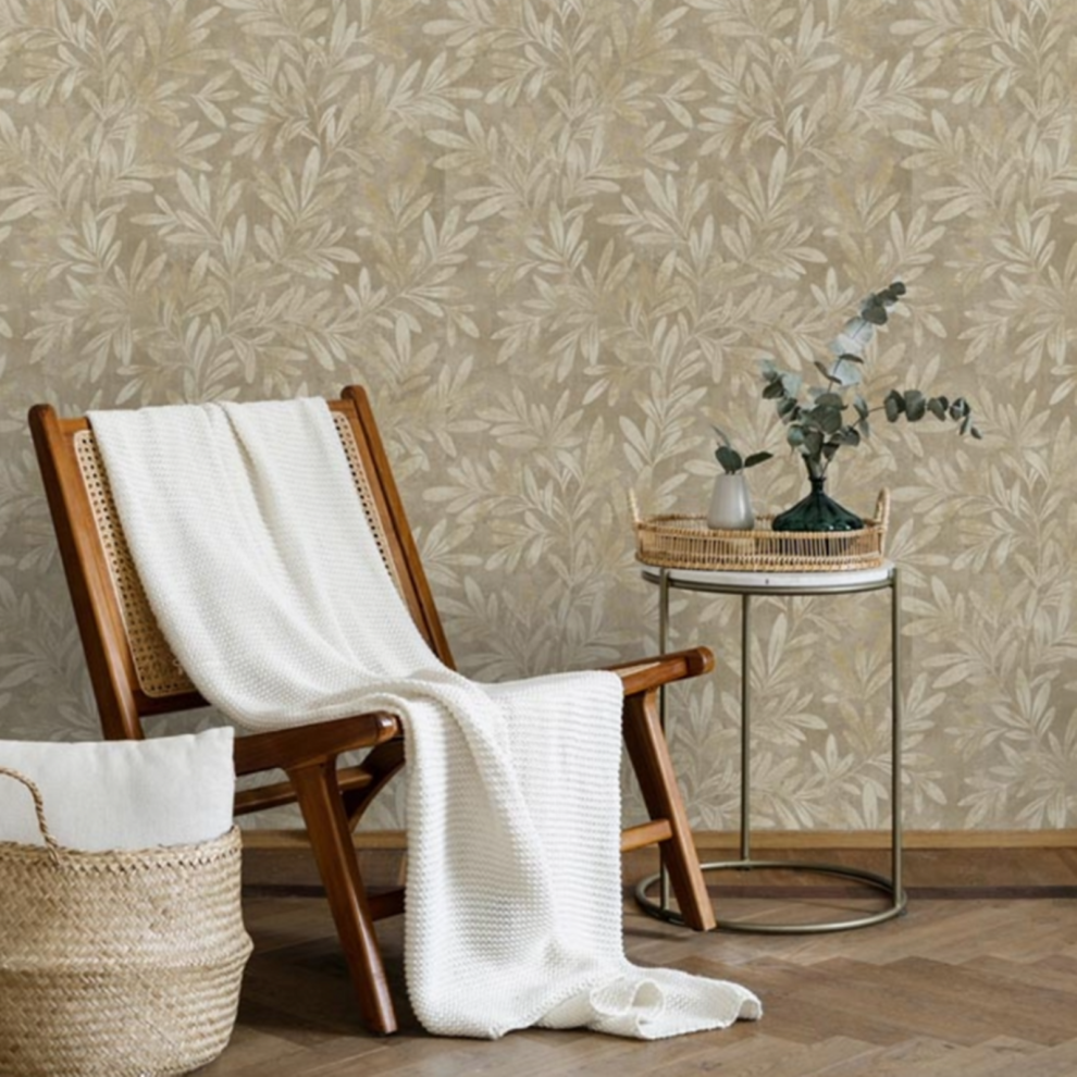 Taupe Willow Trail Wallpaper Gold Metallic Leaf Shimmer Textured 5061103676795