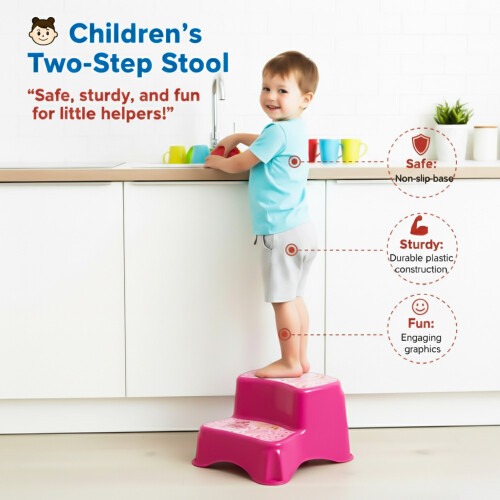 Tuffex Children's Step Stool Two-Step for Kids Multipurpose Footstool for Kitchen & Bath - Pink 1