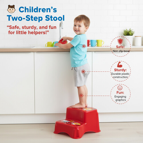 Tuffex Children's Step Stool Two-Step for Kids Multipurpose Footstool for Kitchen & Bath  - Red 1