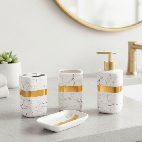 SQ Professional (Gold ) Durane Marbled Bathroom Set 4Pcs 1