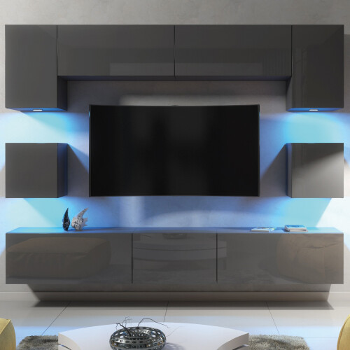 Creative Furniture Panorama Wall TV Unit - Dark Grey with Gloss Doors and LED Lights