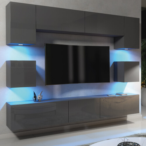 Creative Furniture Panorama Wall TV Unit - Dark Grey with Gloss Doors and LED Lights 2