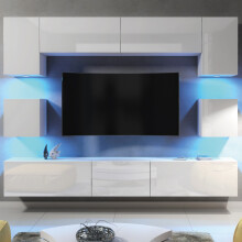 Panorama Wall TV Unit - White with Gloss Doors and LED Lights