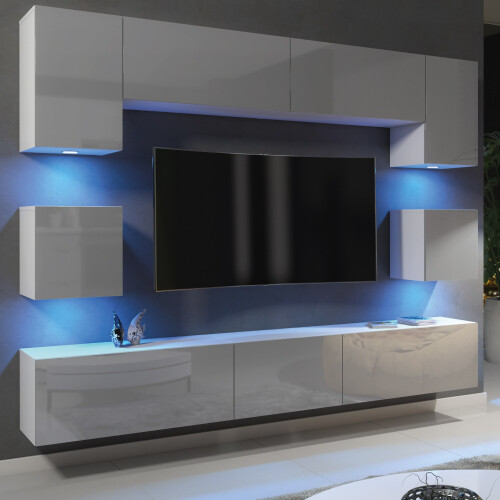 Creative Furniture Panorama Wall TV Unit - White & Grey with Gloss Doors and LED Lights 2