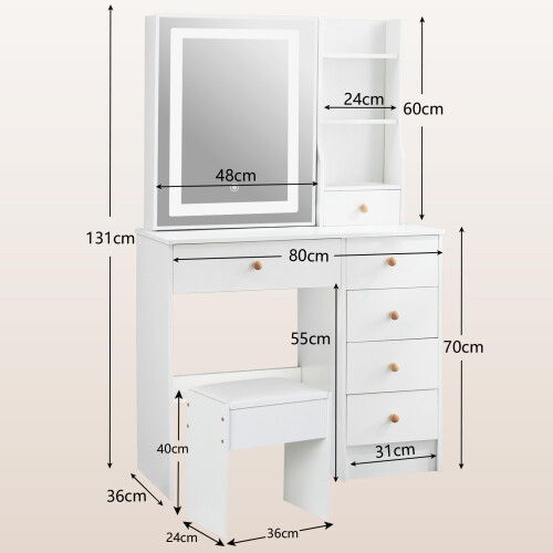 White Vanity Desk LED Sliding Mirror Drawers Stool 1