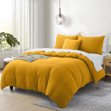 (Mustard / Yellow, King) Plain Duvet Cover 3pc Reversible Microfiber Quilt Cover - Single, Double & King Bed Sizes
