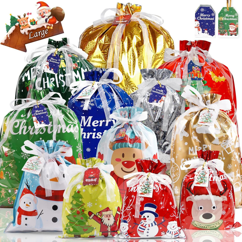 30Pcs Christmas Drawstring Gift Bags Assorted Sizes & Designs with Tag