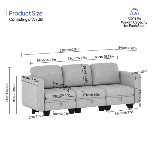 4 Seater Single Sofa Set, Fabric Sofa and Couch Set 1
