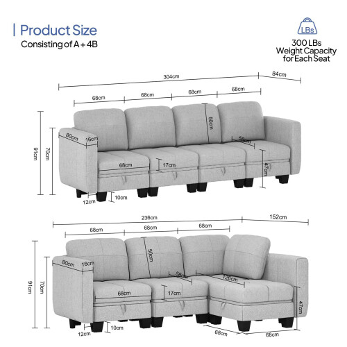 4 Seater Sofa with Storage, Convertible Sofa Couch 1