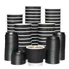 ECONX 4oz Black Disposable Kraft Paper Ripple Cups with Lids Leak Proof Insulated Triple Wall Takeaway Tea Coffee Cup x 200PK