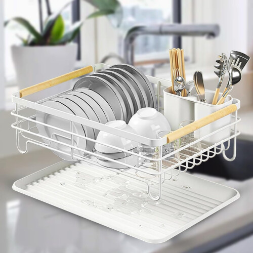 White Metal Dish Rack Drainer with Tray & Holder 1