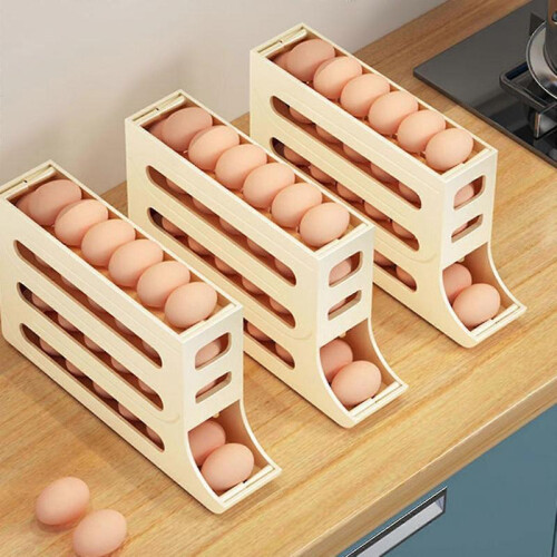 (Creamy White) Refrigerator Egg Dispenser Auto Rolling Rolldown Egg Holder 3 Tier Storage Rack Brand New 1