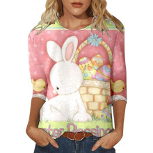 (S,White)Womens Easter Outfit Women Fashion Three Quarter Sleeve Tops Casual Printed T Shirt Tops Trendy Sweater for Women