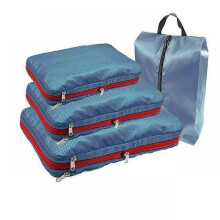 (Blue) Durable Compression Packing Cubes Travel Accessories Suitcase Organizer Bag With Shoe Bag Portable Folding Luggage Storage Pouch