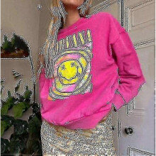 (M,Pink)Nirvana Smiley Face Crewneck Sweatshirt Heliconia Nirvana Sweatshirt