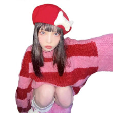 (Red) Hand-made Lolita Lamb Ear Beret Elegant Painter Hat Gift for Girlfriend Y2K-style Subculture Hat for Dog Walking Red