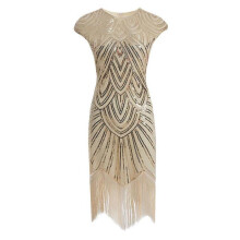 (M, Champagne) Women's Retro 1920s Style Dress Sequin Round Neck Cocktail Party Fancy Dress