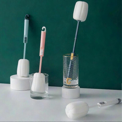 (Pink)Long Handle Telescopic Glass Cup Bottle Sponge Brush for Kitchen Cleaning 1