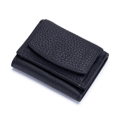 (Black) Women's Small Trifold Wallet with Coin Pocket, RFID Blocking, Compact Size, Genuine Leather
