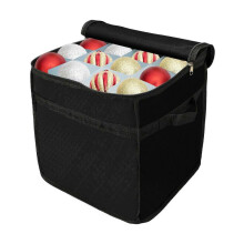 (Black) Christmas Ornament Storage Box with Handle 600D Nylon 64 Compartments Removable Dividers Transparent Window