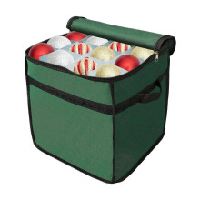(Green) Christmas Ornament Storage Box with Handle 600D Nylon 64 Compartments Removable Dividers Transparent Window