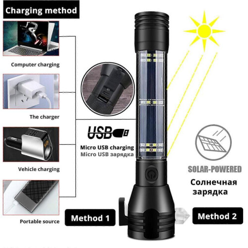 (Black) Solar Power LED Flashlight 10 in1 Multi-functional Safety Hammer Torch Light 1